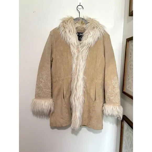 Mixit Suede Leather Faux Fur Coat Western Boho Y2K Vintage Jacket Petite L - Picture 1 of 11